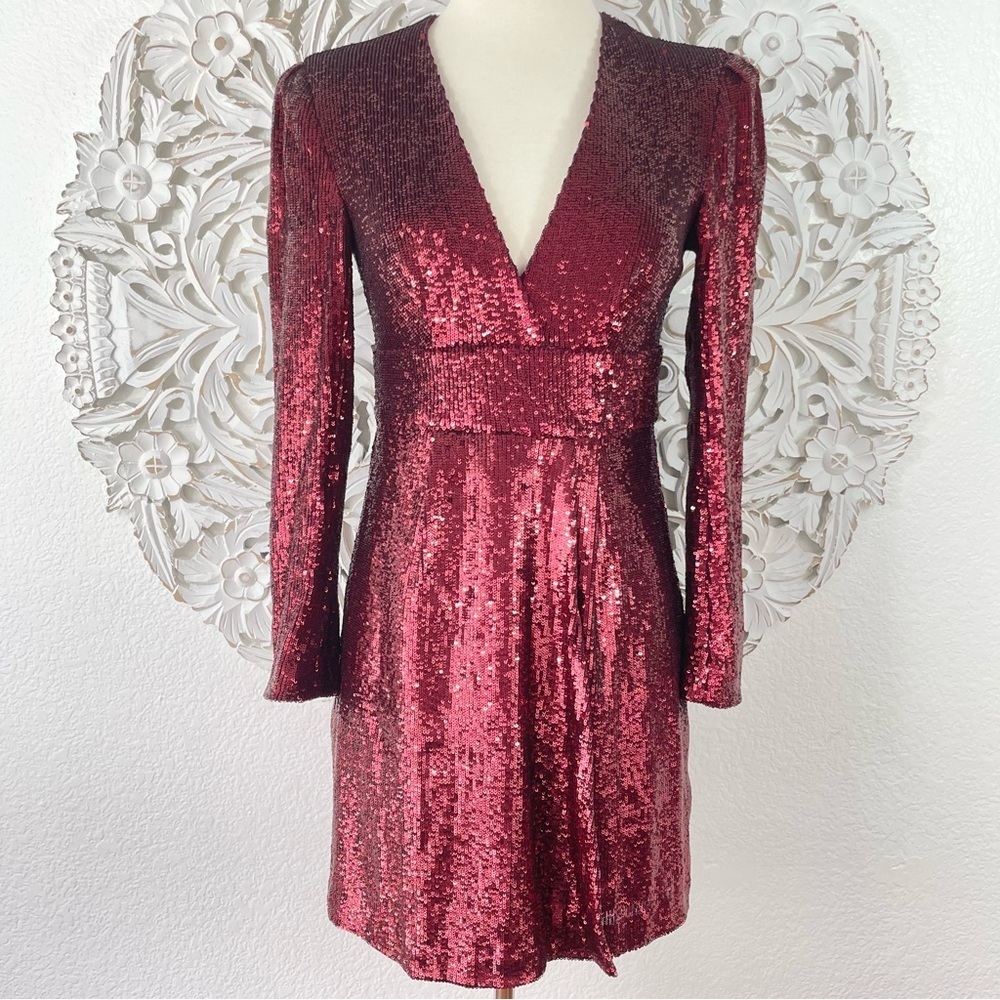 {A.L.C.} Bordeaux Mara Sequin Long Sleeve Plunge Mini Dress, Size 2
